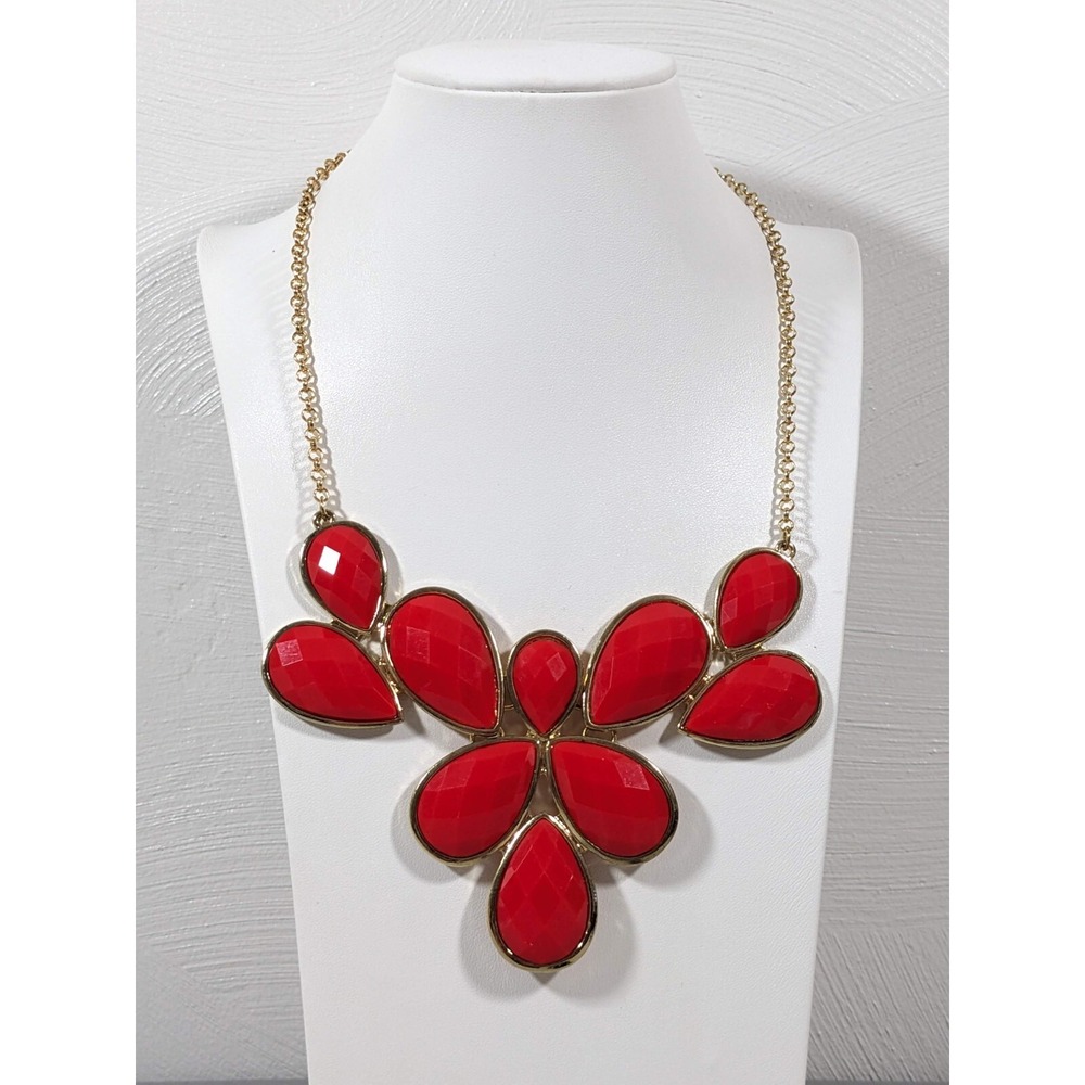 Red Teardrop Statement Necklace Gold Tone Bold Bib Floral Glam‎ 21"